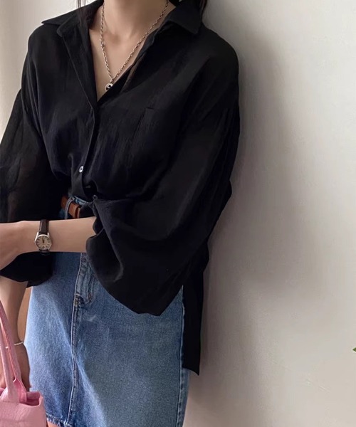 LYEON(リヨン)の「バックリボンオープンシアーシャツ/ボリュームスリーブシャツ(シャツ/ブラウス・レディース・ブラック/オフホワイト・FREE)」の6枚目の写真