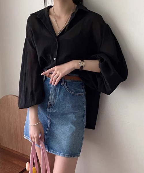 LYEON(リヨン)の「バックリボンオープンシアーシャツ/ボリュームスリーブシャツ(シャツ/ブラウス・レディース・ブラック/オフホワイト・FREE)」の7枚目の写真