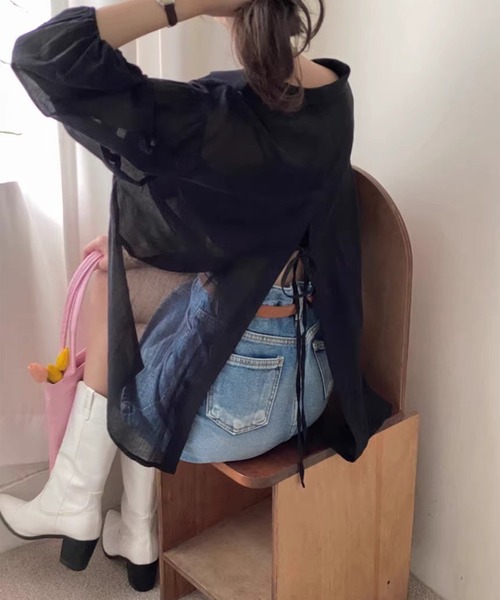 LYEON(リヨン)の「バックリボンオープンシアーシャツ/ボリュームスリーブシャツ(シャツ/ブラウス・レディース・ブラック/オフホワイト・FREE)」の8枚目の写真