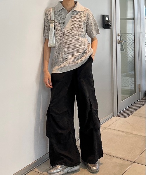 Chikashitsu +（チカシツプラス）の「ストリートファッション Chikashitsu + チカシツプラス summer mesh knit polo オーバーサイズ サマーニット メッシュポロ ニットポロシャツ 半袖ポロシャツ 半袖ニット 半袖トップス 韓国ファッション 韓国ストリート（ポロシャツ・メンズ・ベージュ/グレー/ブルー/ブラック・ONE SIZE）」の14枚目の写真