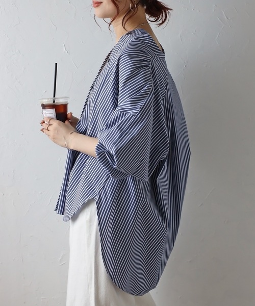 シャツ ブラウス コットンストライプ　シャーリングシャツ レディース セールコットンストライプ シャーリングシャツ（シャツ⁄ブラウス