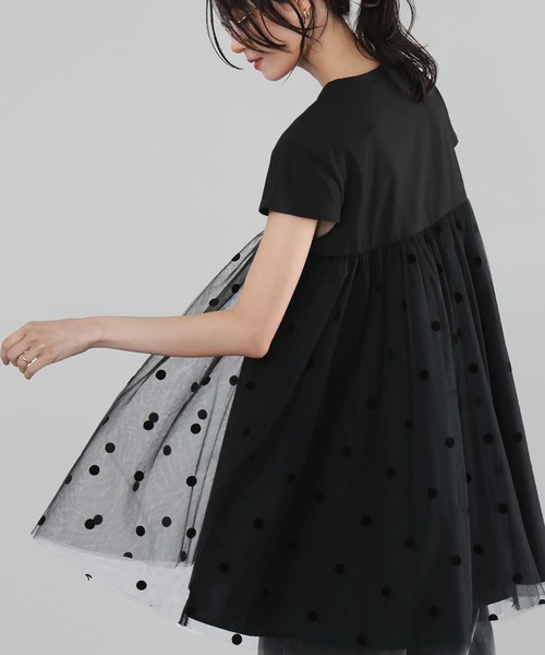 ELFRANK(エルフランク)の「ドットチュールドッキングフレアトップス(Tシャツ/カットソー・レディース・オフホワイト/ブラック・FREE)」の3枚目の写真