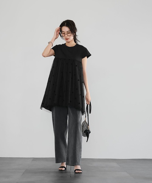 ELFRANK(エルフランク)の「ドットチュールドッキングフレアトップス(Tシャツ/カットソー・レディース・オフホワイト/ブラック・FREE)」の11枚目の写真