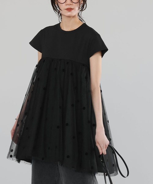 ELFRANK(エルフランク)の「ドットチュールドッキングフレアトップス(Tシャツ/カットソー・レディース・オフホワイト/ブラック・FREE)」の14枚目の写真