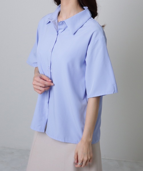 Lace Ladies(レースレディース)の「ソリッドカラー ベーシック 半袖 前開き ブラウス(シャツ/ブラウス・レディース・ブルー/ミント/ホワイト・S/M/XL)」の9枚目の写真