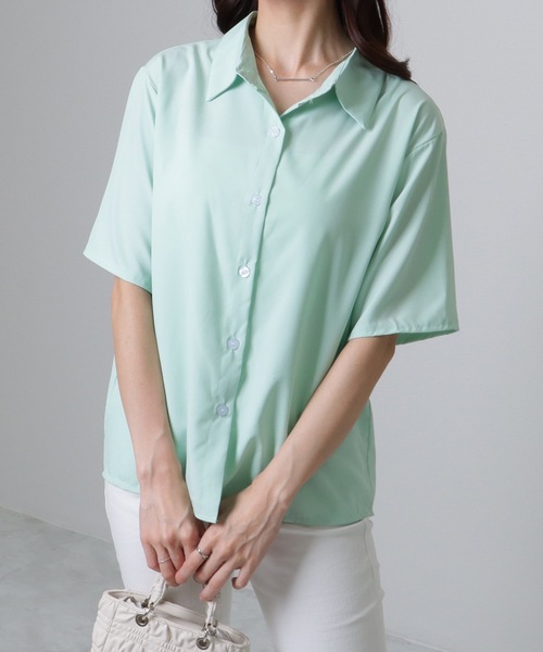 Lace Ladies(レースレディース)の「ソリッドカラー ベーシック 半袖 前開き ブラウス(シャツ/ブラウス・レディース・ブルー/ミント/ホワイト・S/M/XL)」の10枚目の写真