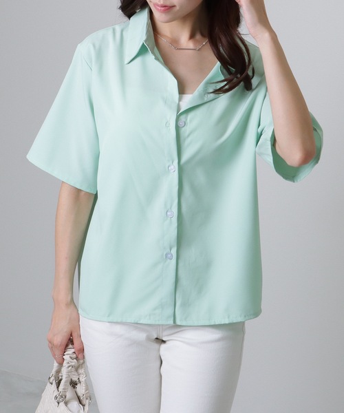 Lace Ladies(レースレディース)の「ソリッドカラー ベーシック 半袖 前開き ブラウス(シャツ/ブラウス・レディース・ブルー/ミント/ホワイト・S/M/XL)」の13枚目の写真