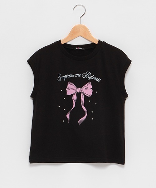 by LOVEiT（バイラビット）の「【WEB限定】キラキラビジューリボンTシャツ（Tシャツ/カットソー・キッズ・ブルーグレー/オフホワイト/ブラック・120cm/130cm/140cm/150cm/160cm）」の2枚目の写真