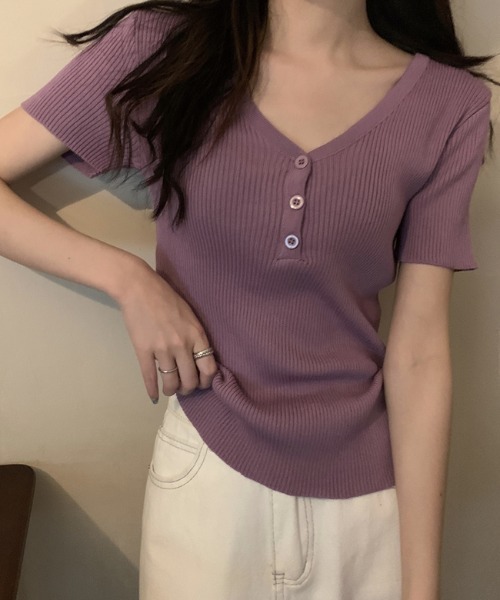 ECLIN（エクラン）の「Vネックリブサマーニットトップス（ニット/セーター・レディース・グリーン/レッド/ブルー/パープル/ベージュ/ブラック/ホワイト・FREE）」の7枚目の写真