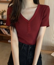 Vネックリブサマーニットトップス