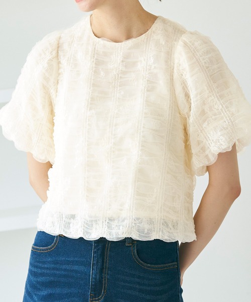 coca(coca)(コカ)の「チュールレースギャザートップス(シャツ/ブラウス・レディース・ブラック/アイボリー・M/L)」の2枚目の写真