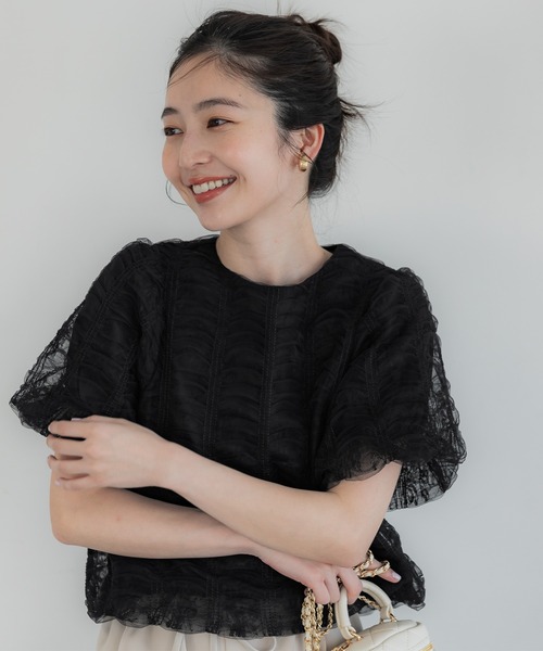 coca(coca)(コカ)の「チュールレースギャザートップス(シャツ/ブラウス・レディース・ブラック/アイボリー・M/L)」の8枚目の写真