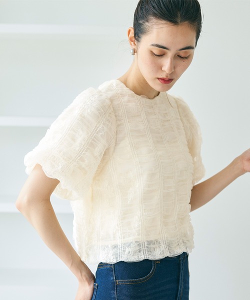coca(coca)(コカ)の「チュールレースギャザートップス(シャツ/ブラウス・レディース・ブラック/アイボリー・M/L)」の6枚目の写真