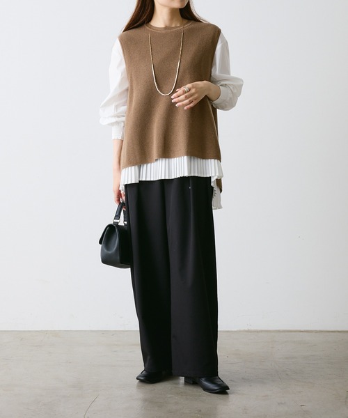 2点セット／Du noir】プリーツブラウス+ニットベスト セット