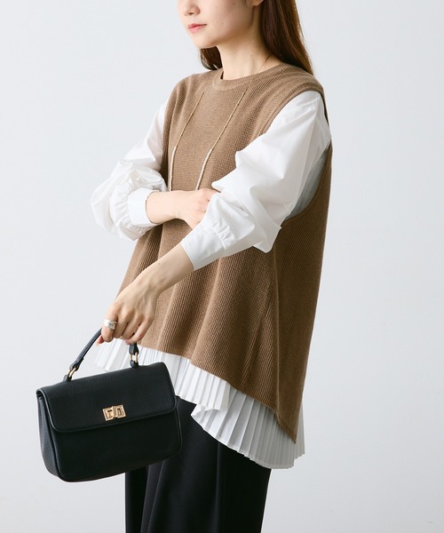 PUAL CE CIN（ピュアルセシン）の「【2点セット／Du noir】プリーツブラウス+ニットベスト セット（アンサンブル・レディース・グレー/キャメル/ブラック・FREE）」の5枚目の写真