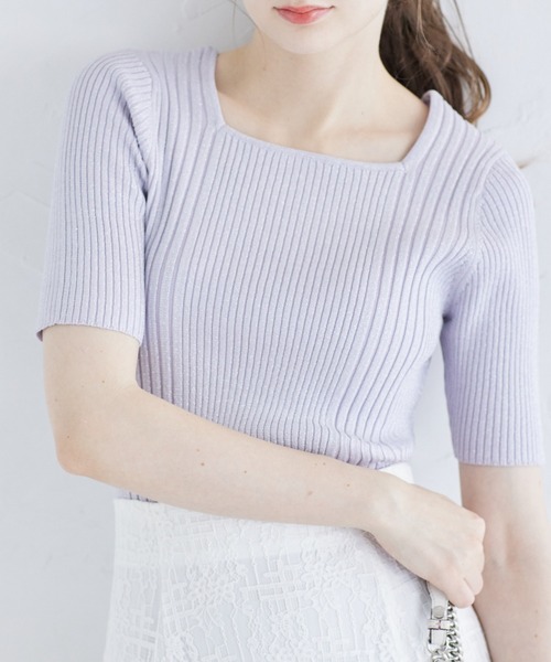 tocco closet(トッコ クローゼット)の「接触冷感♪ラメ入りスクエアネックランダムリブニットプルオーバー(ニット/セーター・レディース・ラベンダー/ピンク/ブラック/オフホワイト・M)」の1枚目の写真