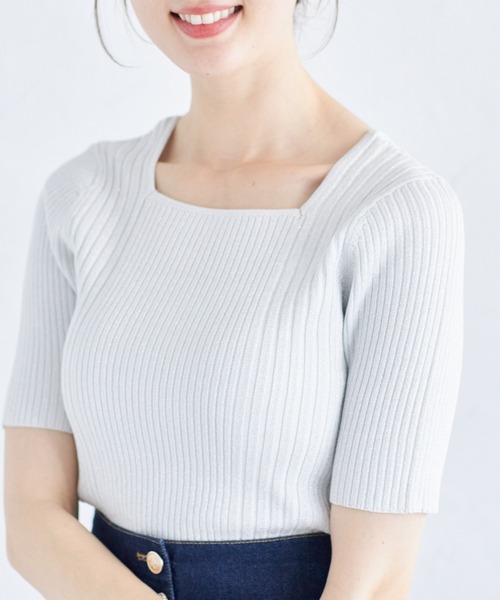 tocco closet(トッコ クローゼット)の「接触冷感♪ラメ入りスクエアネックランダムリブニットプルオーバー(ニット/セーター・レディース・ラベンダー/ピンク/ブラック/オフホワイト・M)」の2枚目の写真