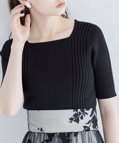 tocco closet(トッコ クローゼット)の「接触冷感♪ラメ入りスクエアネックランダムリブニットプルオーバー(ニット/セーター・レディース・ラベンダー/ピンク/ブラック/オフホワイト・M)」の3枚目の写真