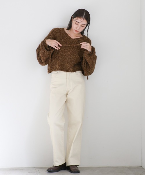 select MOCA(セレクトモカ)の「リングヤーンドロストスリーブショートニット(ニット/セーター・レディース・ベージュ/ブラウン/グレー・FREE)」の4枚目の写真