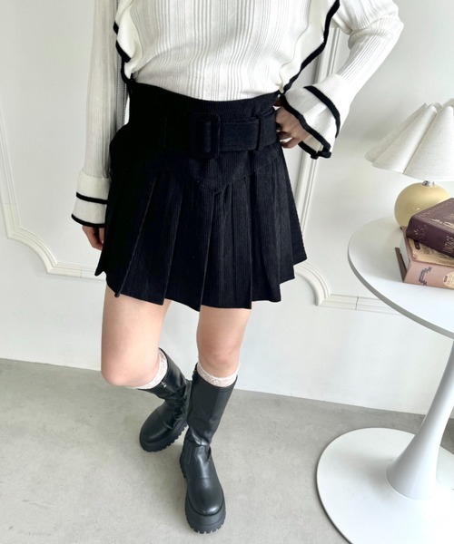 セール】ベルト付きコーデュロイプリーツミニスカパン（スカート