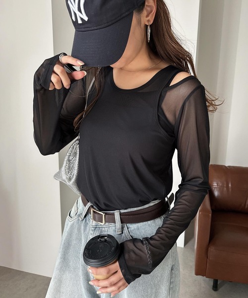 andme（アンドミー）の「チュールシアーレイヤードトップス【2点セット】（Tシャツ/カットソー・レディース・カーキ/ブラック/オフホワイト/イエロー・M）」の2枚目の写真