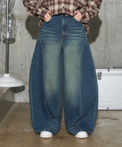 デニム ワイドパンツ ハイウエスト デニム切替え お洒落デザイン セール】切り替えワイドデニムパンツ（デニムパンツ）｜JUST A