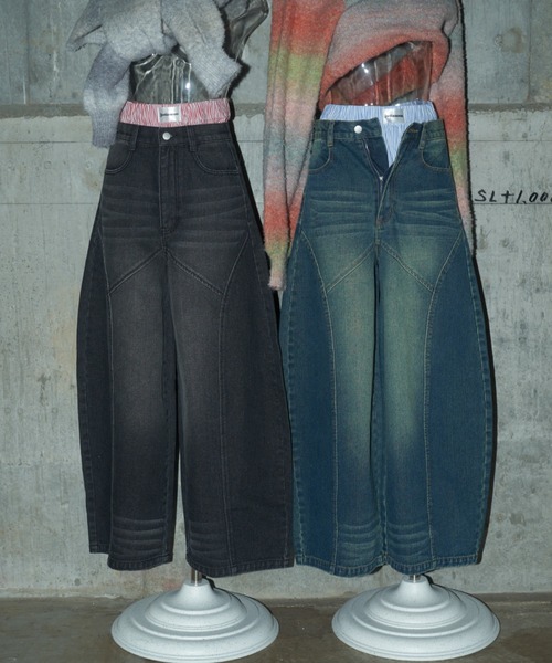デニム ワイドパンツ ハイウエスト デニム切替え お洒落デザイン セール】切り替えワイドデニムパンツ（デニムパンツ）｜JUST A
