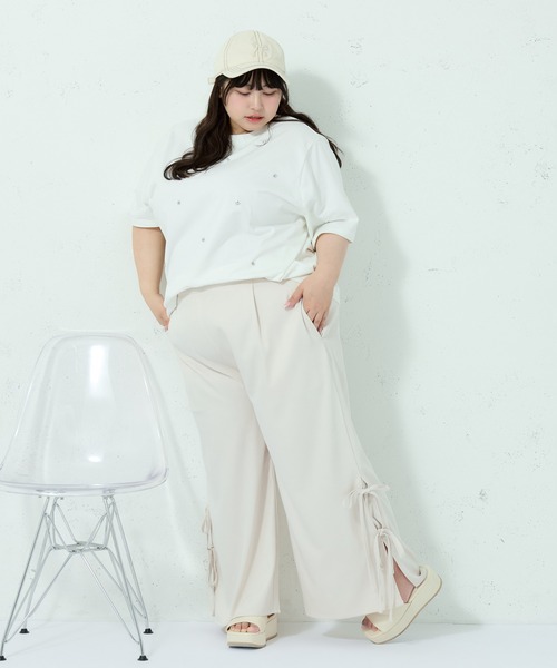 Louiosy（ルオシー）の「【大きいサイズ】サイドリボンワイドシルエットパンツ（その他パンツ・レディース・ピンク/アイボリー/ブラック・3L/4L）」の4枚目の写真