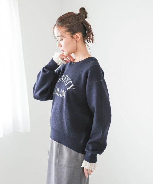 定価1万円以上引き！美品！ロゴモノグラムニットプルオーバー / ネイビー メンズ ロゴモノグラムニットプルオーバー ブルー