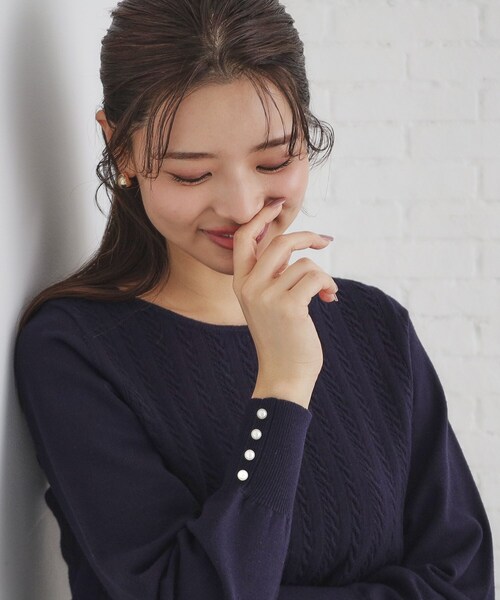 セール】ミニケーブルクルーネックニット【洗濯機洗い可】（ニット