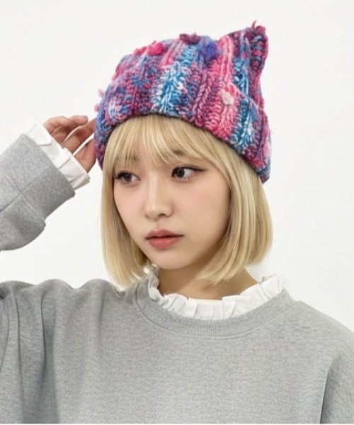 セール】【HIKA】マルチストライプMIX編み猫耳ニットCAP（ニット
