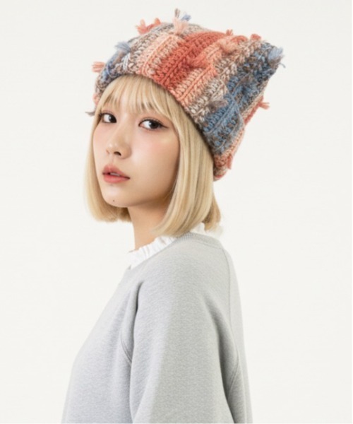 HIKA(ヒカ)の「【HIKA】マルチストライプMIX編み猫耳ニットCAP(ニットキャップ/ビーニー・レディース・ピンク/グリーン/レッド/イエロー/その他・FREE)」の4枚目の写真