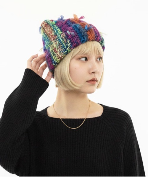セール】【HIKA】マルチストライプMIX編み猫耳ニットCAP（ニット