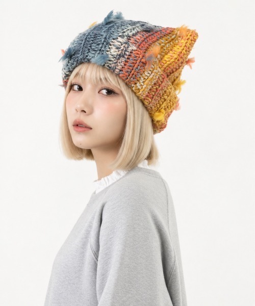 HIKA(ヒカ)の「【HIKA】マルチストライプMIX編み猫耳ニットCAP(ニットキャップ/ビーニー・レディース・ピンク/グリーン/レッド/イエロー/その他・FREE)」の5枚目の写真