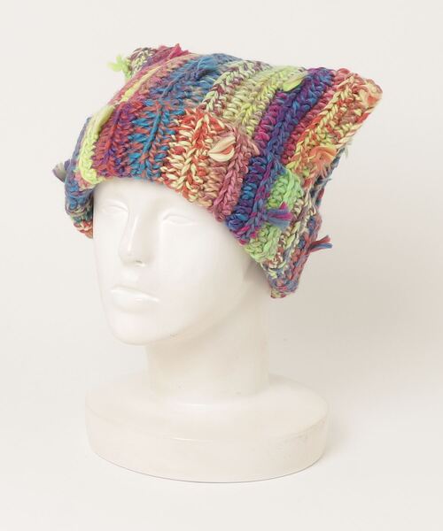 HIKA(ヒカ)の「【HIKA】マルチストライプMIX編み猫耳ニットCAP(ニットキャップ/ビーニー・レディース・ピンク/グリーン/レッド/イエロー/その他・FREE)」の7枚目の写真
