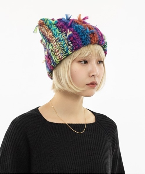 HIKA(ヒカ)の「【HIKA】マルチストライプMIX編み猫耳ニットCAP(ニットキャップ/ビーニー・レディース・ピンク/グリーン/レッド/イエロー/その他・FREE)」の10枚目の写真
