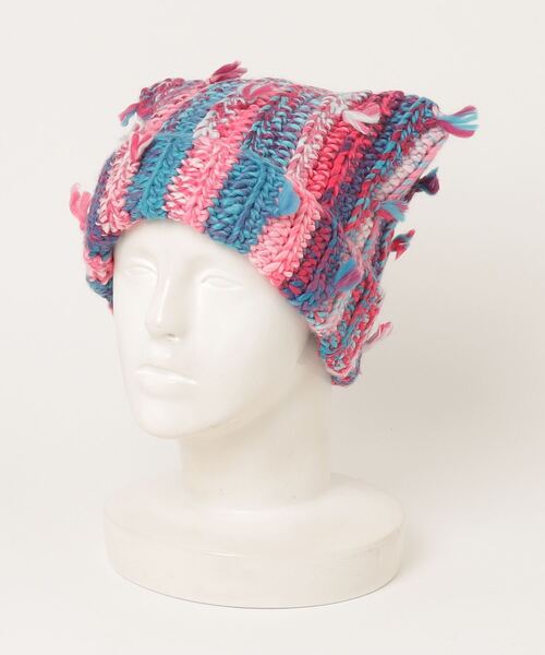 HIKA(ヒカ)の「【HIKA】マルチストライプMIX編み猫耳ニットCAP(ニットキャップ/ビーニー・レディース・ピンク/グリーン/レッド/イエロー/その他・FREE)」の8枚目の写真