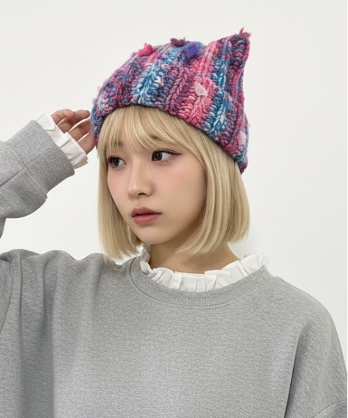 HIKA(ヒカ)の「【HIKA】マルチストライプMIX編み猫耳ニットCAP(ニットキャップ/ビーニー・レディース・ピンク/グリーン/レッド/イエロー/その他・FREE)」の9枚目の写真