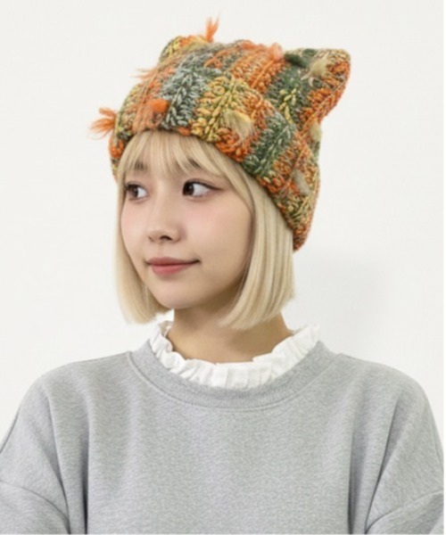 HIKA(ヒカ)の「【HIKA】マルチストライプMIX編み猫耳ニットCAP(ニットキャップ/ビーニー・レディース・ピンク/グリーン/レッド/イエロー/その他・FREE)」の11枚目の写真