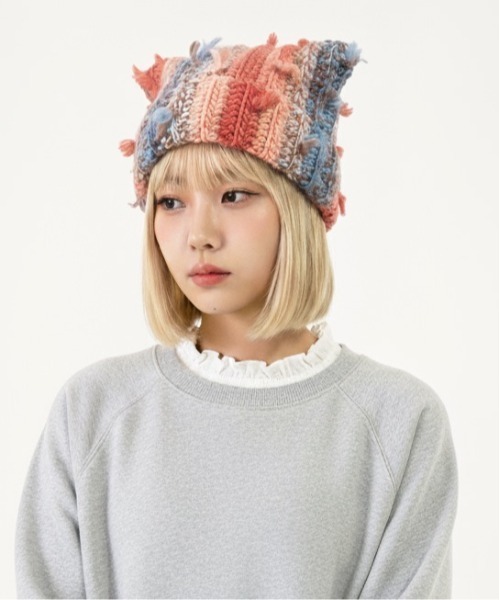 HIKA(ヒカ)の「【HIKA】マルチストライプMIX編み猫耳ニットCAP(ニットキャップ/ビーニー・レディース・ピンク/グリーン/レッド/イエロー/その他・FREE)」の12枚目の写真