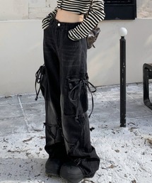 デニムパンツ（ブラック/黒色系・リボン）ファッション通販