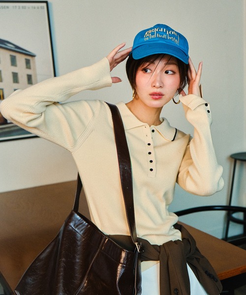 MUHET（ミュエータ）の「ribbed knit polo / リブニットポロ（ポロシャツ・レディース・杢グレー/アイボリー/ブラウン・FREE）」の8枚目の写真