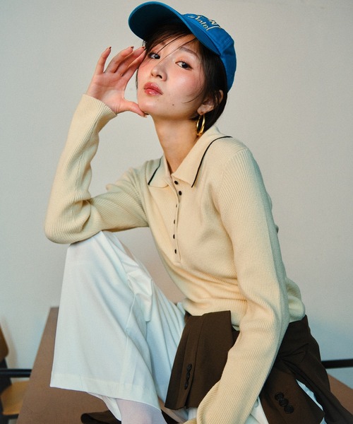 MUHET（ミュエータ）の「ribbed knit polo / リブニットポロ（ポロシャツ・レディース・杢グレー/アイボリー/ブラウン・FREE）」の9枚目の写真