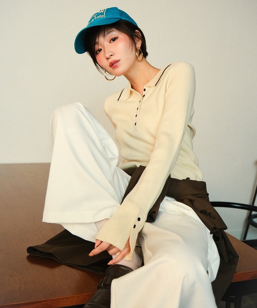 MUHET（ミュエータ）の「ribbed knit polo / リブニットポロ（ポロシャツ・レディース・杢グレー/アイボリー/ブラウン・FREE）」の10枚目の写真