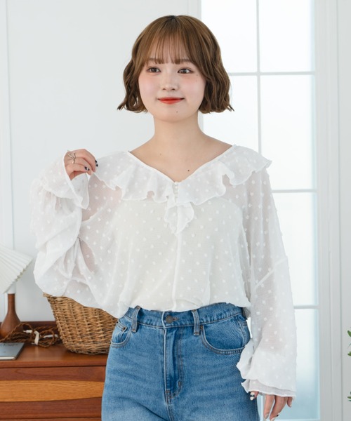 eLur（エラー）の「フリルシフォンブラウス/ドット柄（シャツ/ブラウス・レディース・ホワイト/イエロー・FREE）」の3枚目の写真