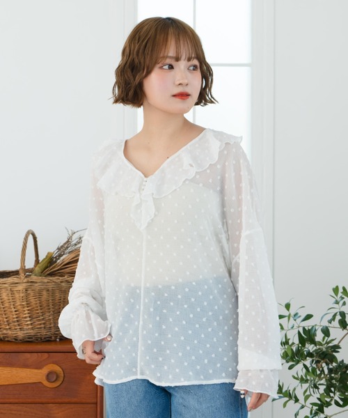 eLur（エラー）の「フリルシフォンブラウス/ドット柄（シャツ/ブラウス・レディース・ホワイト/イエロー・FREE）」の4枚目の写真