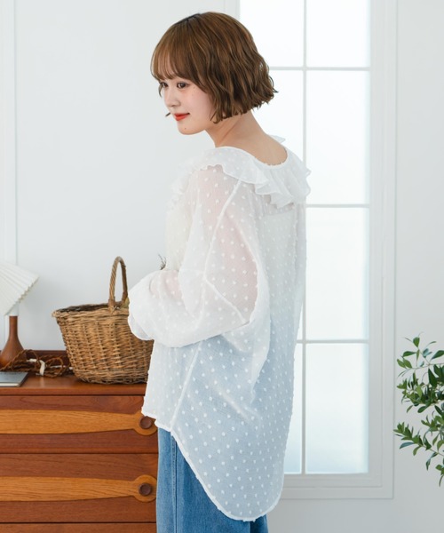 eLur（エラー）の「フリルシフォンブラウス/ドット柄（シャツ/ブラウス・レディース・ホワイト/イエロー・FREE）」の5枚目の写真