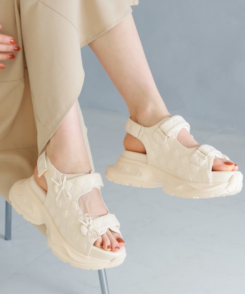 【厚底で可愛い♡】キルティング サンダル セール】厚底リボンキルティングスポーツサンダル ZOZOTOWN+