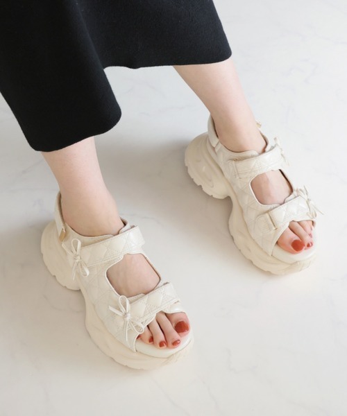 【厚底で可愛い♡】キルティング サンダル セール】厚底リボンキルティングスポーツサンダル ZOZOTOWN+