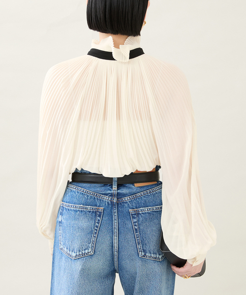 L'UNE（リュンヌ）配色ヴィンテージシフォン プリーツブラウス LU19X